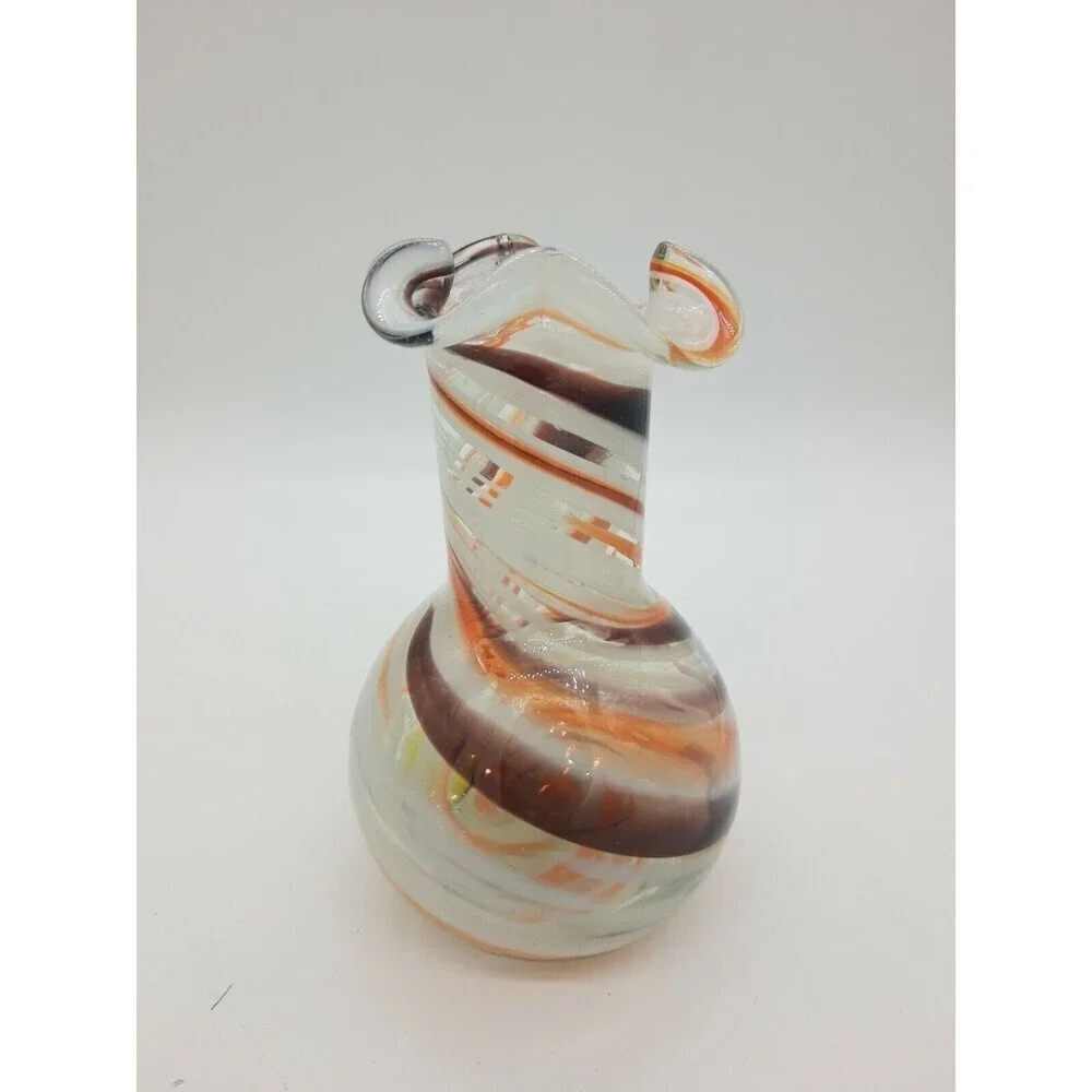 Vtg Vintage Ozark Art Glass Vase Brown Orange Ruffle Edge  5-1/2 Swirl